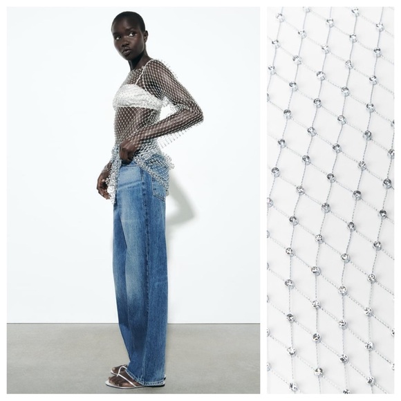 NWT. Zara Silver Semi-Sheer Mesh Rhinestone Midi Dress. Size M. - Picture 3 of 9